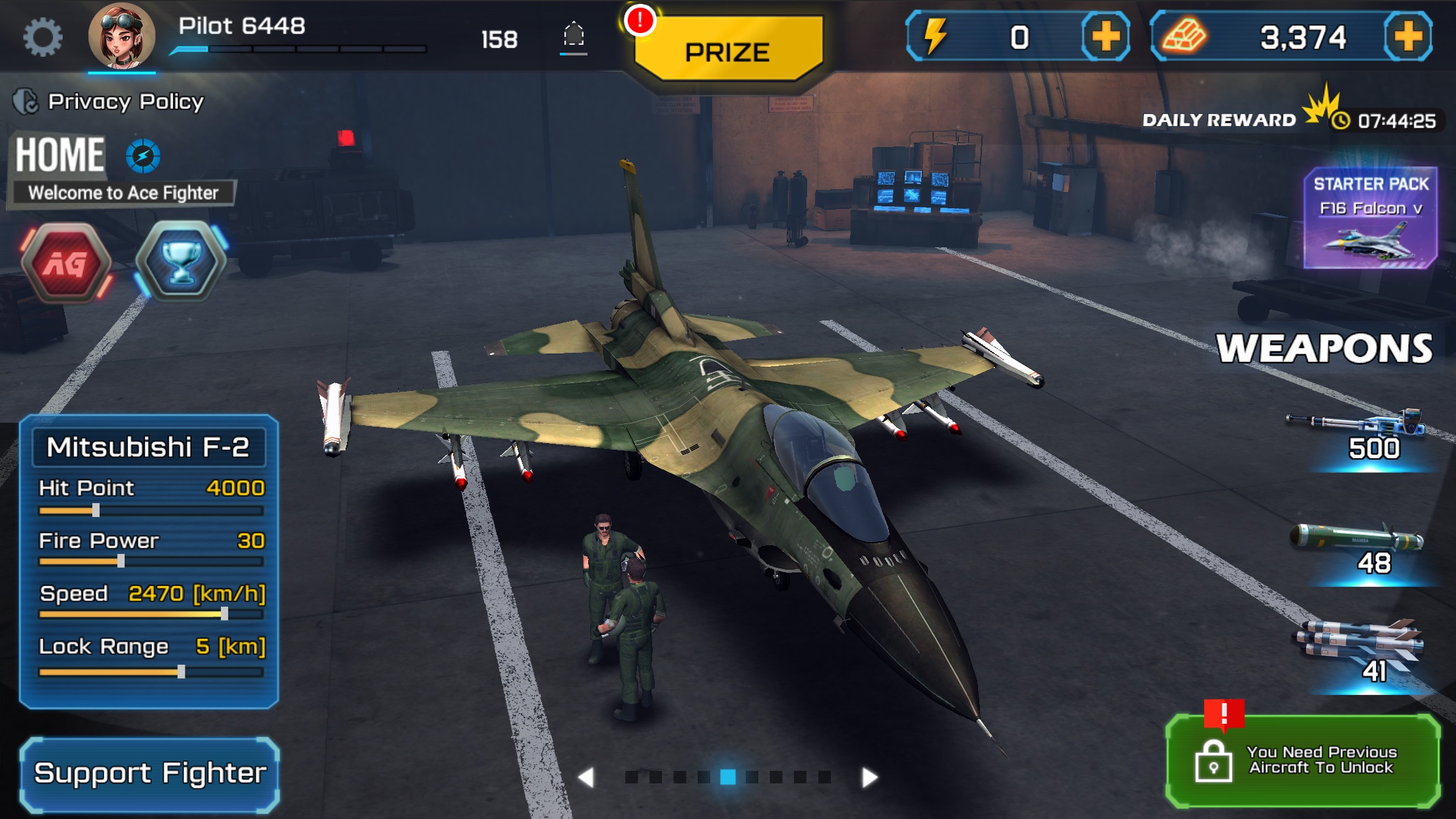 iPhone hangar still showing a camouflaged jet, Mitsubishi F-2 stats, and a weapons list
